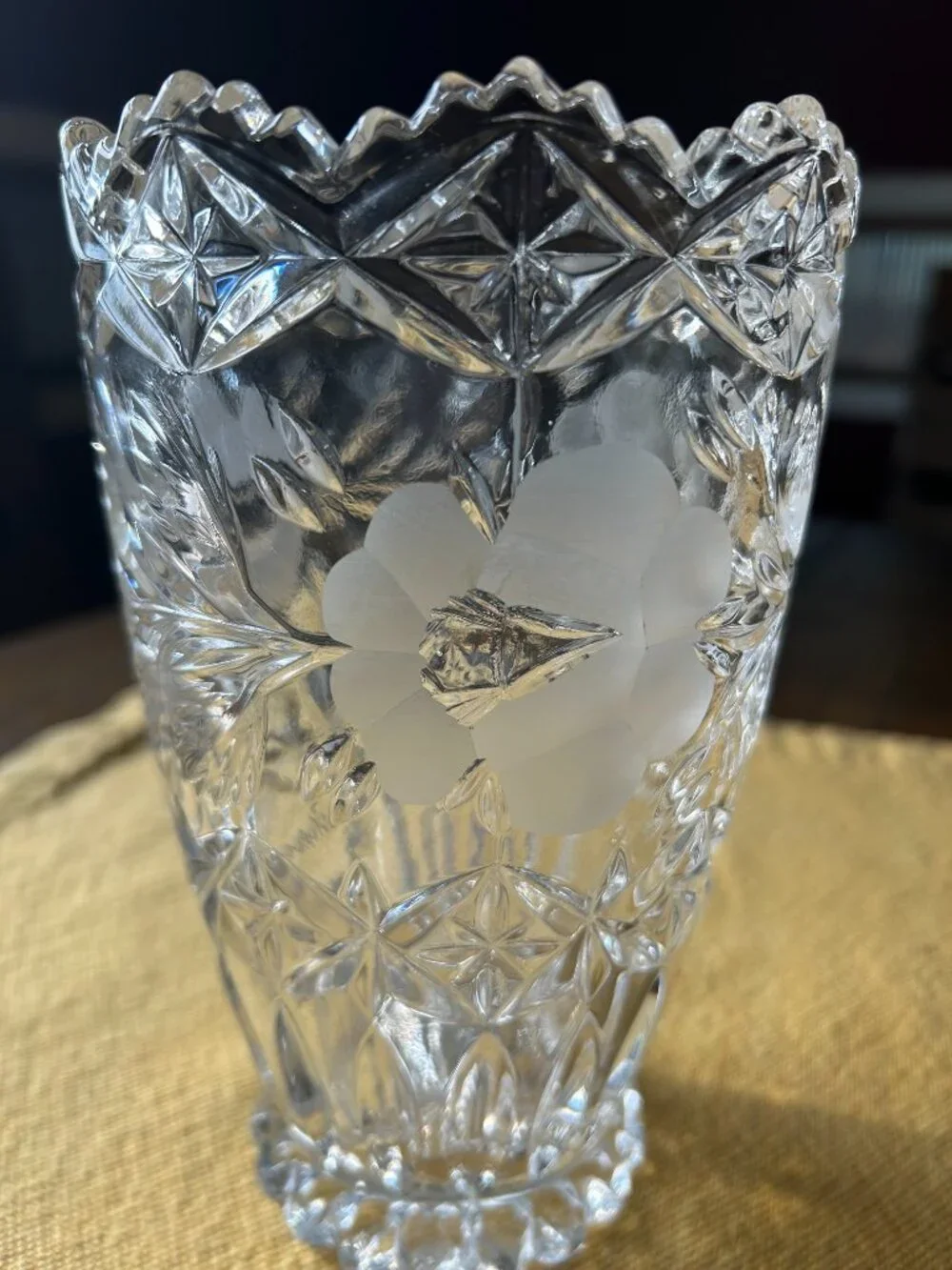 Vintage  Cut & etched full lead crystal  vase featuring sawtooth rim & frosted f